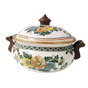Vintage ASTA Enamelware 2 Qt Casserole Pot with Lid Floral Dutch Oven German 7"
